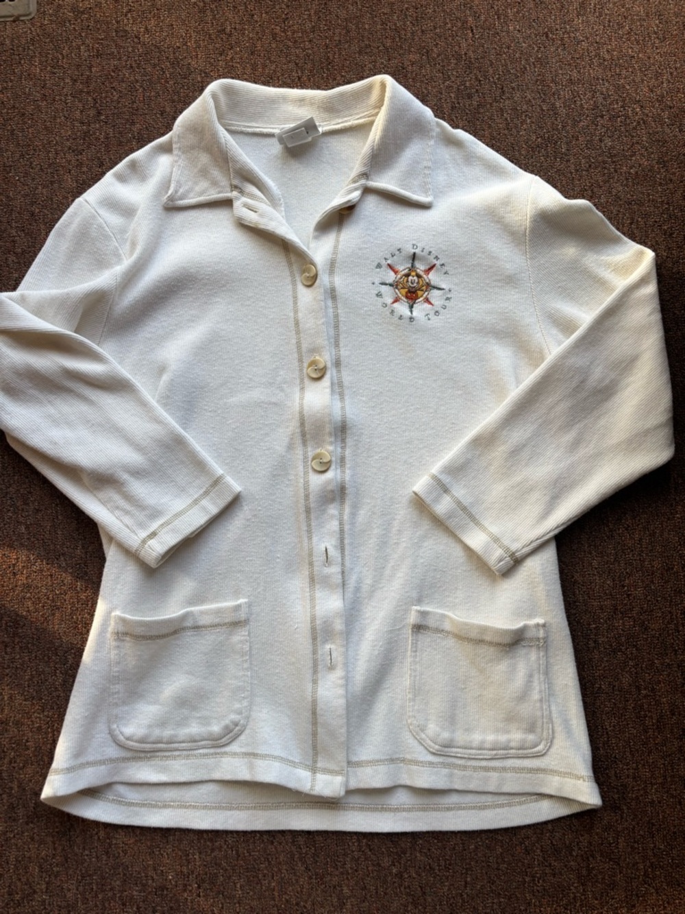 White Embroidered Button-Front Cardigan Jacket with Mickey Mouse Embroidery